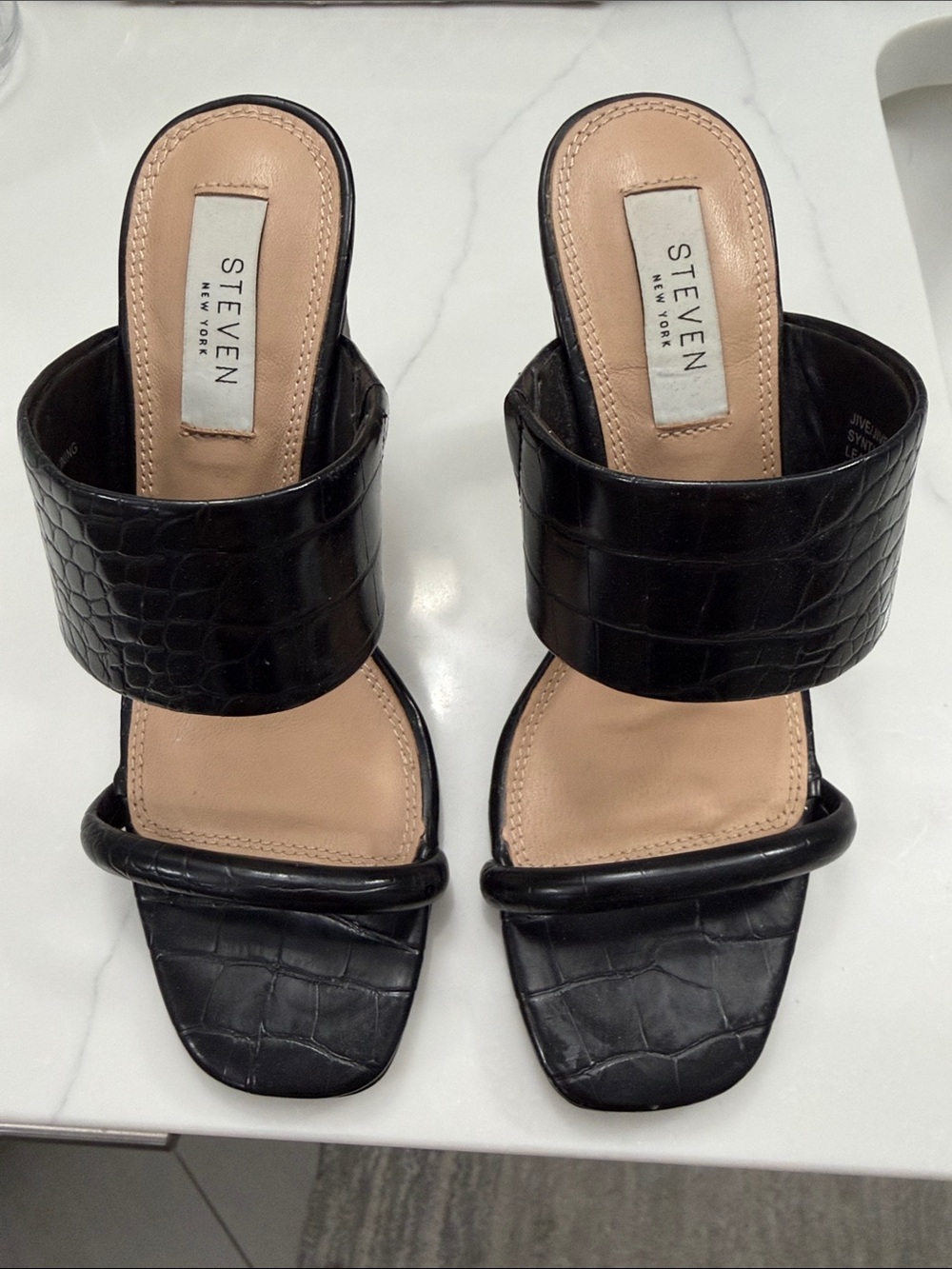 Steven by Steve Madden Black Croc-Embossed Double Band Slide Heels